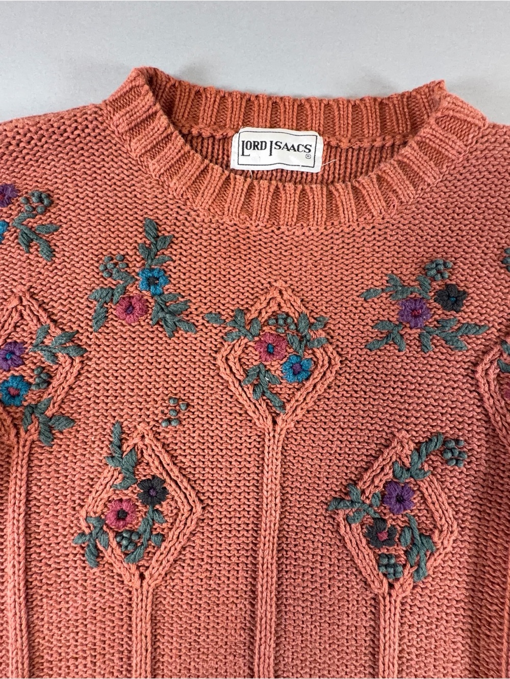 Vintage Lord Isaacs 80s 90s Floral Embroidered Ramie Cotton Style Sweater M/L - Picture 2 of 11